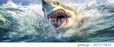 a shark with open jaws and sharp teeth swims...のイラスト素材 [107177934] - PIXTA