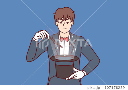Man magician is holding hat and magic wand, perfoming in front of magic show audience Man magician is holding hat and magic wand, perfoming in front of magic show audience 107178229