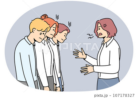Furious businesswoman shout at stressed employees 107178327
