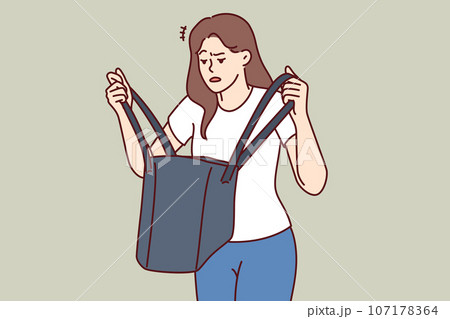 Woman is nervous looking into purse and seeks lost keys or purse forgotten at home 107178364