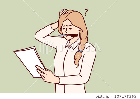 Woman tutor embarrassedly checks essay from student and scratches head, holding pen in teeth Woman tutor embarrassedly checks essay from student and scratches head, holding pen in teeth 107178365