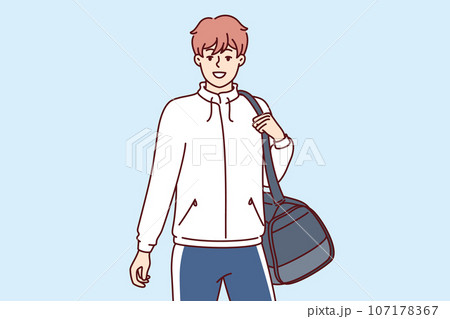Man sportsman with sportswear bag goes to fitness club or gym and leads healthy lifestyle Man sportsman with sportswear bag goes to fitness club or gym and leads healthy lifestyle 107178367