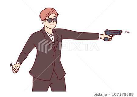Man secret agent shoots gun, dressed in formal suit and sunglasses for covert operations 107178389