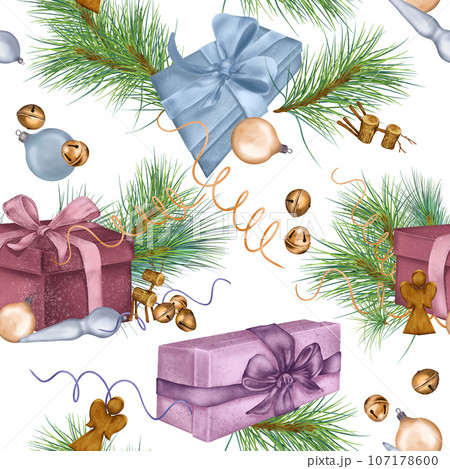 Christmas seamless pattern of gift boxes, Christmas decorations digital illustration isolated on white. Pine branch, deer, angel hand drawn. Element for holiday print, new year wrapping, background 107178600