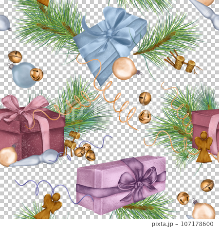 Christmas seamless pattern of gift boxes, Christmas decorations digital illustration isolated on white. Pine branch, deer, angel hand drawn. Element for holiday print, new year wrapping, background 107178600