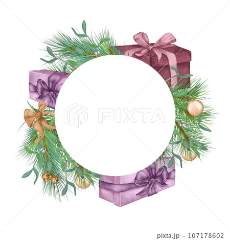 Circle frame of gift boxes, Christmas decorations digital illustration isolated on white. Present, glass ball, bells hand drawn. Element for holiday package, 2024 new year greeting card 107178602