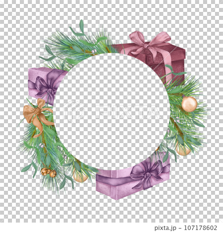 Circle frame of gift boxes, Christmas decorations digital illustration isolated on white. Present, glass ball, bells hand drawn. Element for holiday package, 2024 new year greeting card 107178602