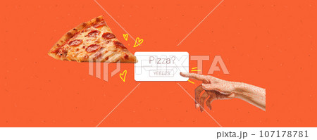 The hand reaches for the pizza with notification. A modern trendy illustration. Halftone effect collage with colorful doodles. Vector banner on noisy orange background. 107178781