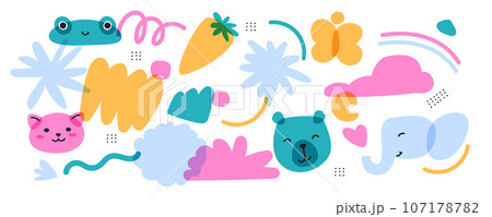 A set of trendy childrens items with animals. and natural objects. Bright colors with an overlay. Drawing with marker or riso print. Vector contemporary illustration 107178782