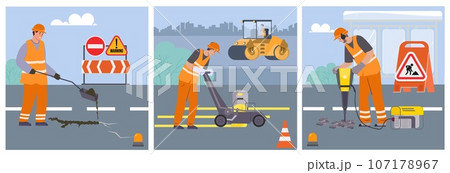 Road Repair Flat Square Illustrations 107178967