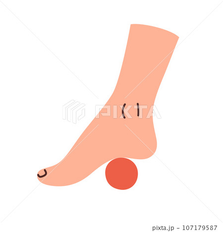 Feet health exercises, ball rolling icon, foot massage, exercise for tired feet, bunion, pain, vector doodle illustration of foot problems, isolated colored clipart on white background Feet health exercises, ball rolling icon, foot massage, exercise for tired feet, bunion, pain, vector doodle illustration of foot problems, isolated colored clipart on white background 107179587