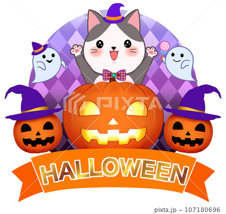 ハロウィン素材　ロゴ　カボチャと猫とお化け 107180696