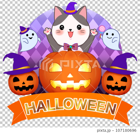 ハロウィン素材　ロゴ　カボチャと猫とお化け 107180696