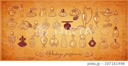 Collection of doodle vintage perfume bottles on vintage background Vector sketch illustration Collection of doodle vintage perfume bottles on vintage background Vector sketch illustration 107181496