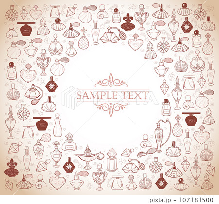 Design template with doodle perfume bottles and place for your text. Vector sketch illistration in vintage style. Design template with doodle perfume bottles and place for your text. Vector sketch illistration in vintage style. 107181500
