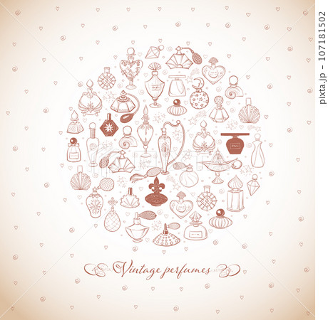 Doodle perfume bottles in circle. Vector sketch illustration in vintage style 107181502