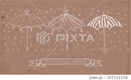 Design template with vintage doodle umbrellas on brown parcel paper background with place for your text. Vector sketch illustration. 107181536