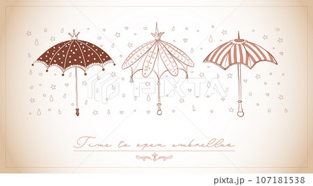 Design template with doodle vintage umbrellas and place for your text. Vector sketch illustration. 107181538