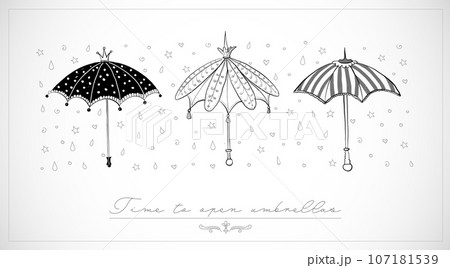 Design template with three doodle vintage umbrellas on white background with place for your text. Vector sketch illustration. 107181539