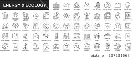 Energy and ecology web icons set in thin line design. Pack of solar panel, recyclable, gas fuel, save planet, accumulator, trash bin, factory pollution, eco and other. Vector outline stroke pictograms 107181668