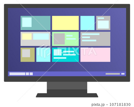 デスクトップのパソコンで使うモニターにアイコンが表示されたイラスト 107181830