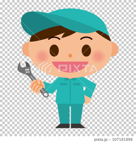 一個穿著工作服的男人微笑著拿著扳手 107181898