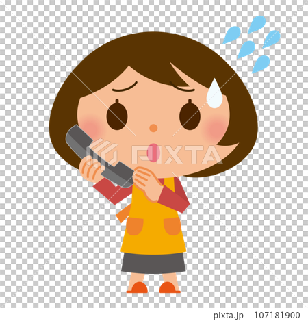 一名穿著圍裙的女士打電話尋求協助 一名穿著圍裙的女士打電話尋求協助 107181900