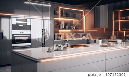 Modern minimalist kitchen interior. White flat facades, kitchen island, built-in home appliances, big fridge, decorative work surface lighting. Contemporary home design. 3D rendering. Modern minimalist kitchen interior. White flat facades, kitchen island, built-in home appliances, big fridge, decorative work surface lighting. Contemporary home design. 3D rendering. 107182301