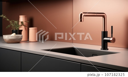 Fragment of modern minimalist kitchen. Gray countertop with built-in sink and copper faucet. Copper color backsplash. Close-up. Contemporary interior design. 3D rendering. 107182325