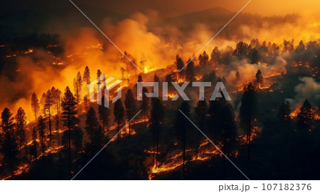 Wildfire forest fire at night, global warming and natural disaster concept. Generative AI Wildfire forest fire at night, global warming and natural disaster concept. Generative AI 107182376