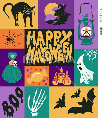 Happy halloween graphic minimalistic style poster. Hand drawn halloween related items in flat minimalistic style. Perfect for social media, graphic poster, card, printout, pattern, tshirt print Happy halloween graphic minimalistic style poster. Hand drawn halloween related items in flat minimalistic style. Perfect for social media, graphic poster, card, printout, pattern, tshirt print 107182611