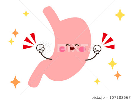 ガッツポーズをしてにっこりと笑う健康的な胃のキャラクター　イラスト 107182667