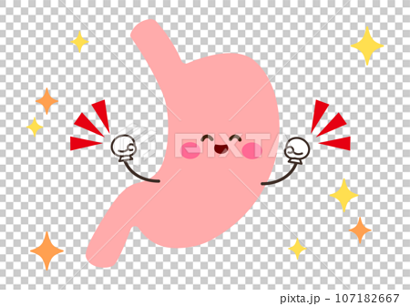 ガッツポーズをしてにっこりと笑う健康的な胃のキャラクター　イラスト 107182667