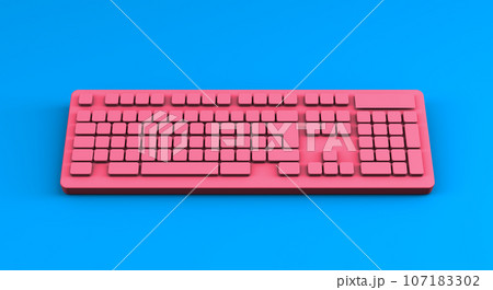 3D rendering, Close up pink computer keyboard mock up, front view shot, computer technology and equipments idea design, blue color background. 3D rendering, Close up pink computer keyboard mock up, front view shot, computer technology and equipments idea design, blue color background. 107183302
