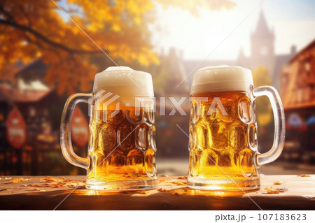 Two mugs of beer on wooden table with street cafe background. Generative AI 107183623