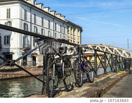 Bicycles on Navigli canal 107183683