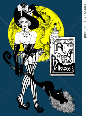 箒を持った魔女と黒猫とカエル 107183804