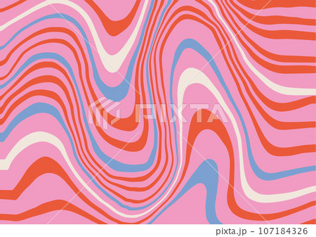 Groovy Waves Psychedelic Curved Background in 1970s Hippie Retro Style for Print on Textile, Wrapping Paper, Web Design and Social Media. Pink, white, blue and Red Colors. Flat vector illustration. Groovy Waves Psychedelic Curved Background in 1970s Hippie Retro Style for Print on Textile, Wrapping Paper, Web Design and Social Media. Pink, white, blue and Red Colors. Flat vector illustration. 107184326
