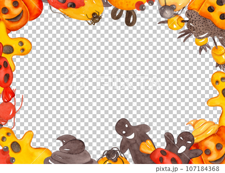 Sweets and Halloween symbols. Cartoon square frame. Watercolor illustration for your design 107184368