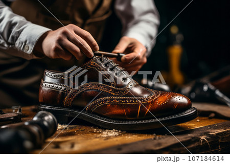 An elegant image showcasing the restoration of a vintage leather shoe, bringing it back to its former glory. Generative AI 107184614