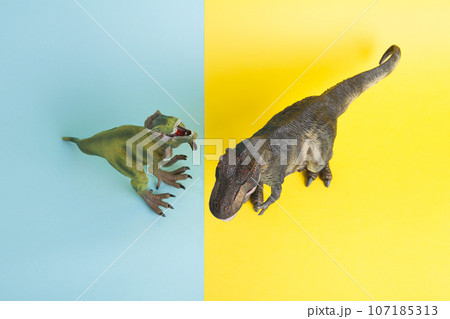 2 dinosaurs fighting on a yellow and blue background 107185313