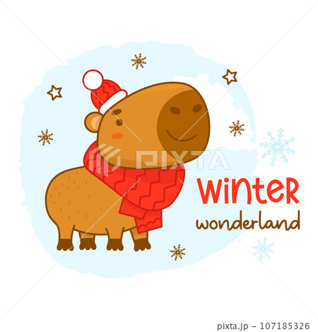 Cool card with cute winter capybara in knitted hat and scarf. Vector illustration. Funny animal character rodent for cards, design, print, kids collection. 107185326