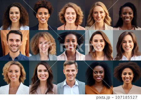 Collage of multicultural ethnically different people modern portraits of women and man, looking in front of camera. Generative AI 107185527