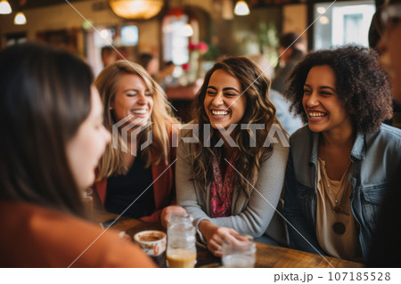 A multi-ethnic group of women laughing together as they share stories during a cozy coffee shop meetup. Capture the genuine joy and camaraderie in their expressions. Generative AI 107185528