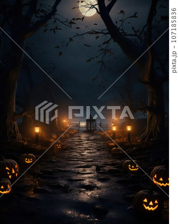 Halloween night background, pumpkin faces, black trees and a path to the lake, copy space. Halloween night background, pumpkin faces, black trees and a path to the lake, copy space. 107185836