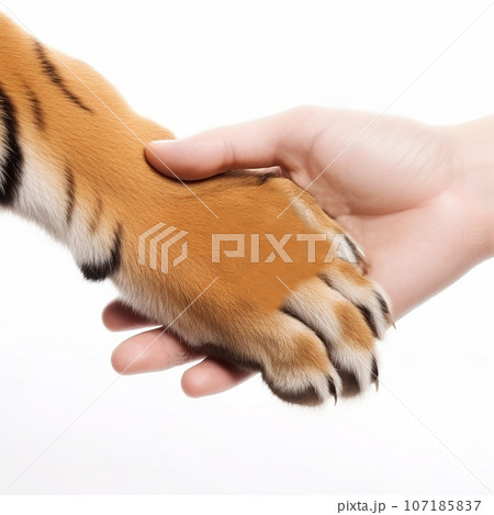 Human hand shaking paw of wild tiger close-up on white background 107185837