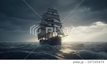 Ship in the stormy sea with huge waves. Giant stormy waves in the ocean and boat. Generated AI. 107185874