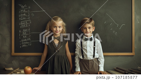 School pupil, boy and girl standing in front of black board. School children couple. Generated AI. 107185877