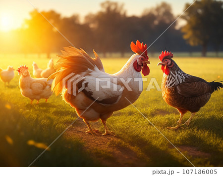 chickens and roosters on green grass in sunset light chickens and roosters on green grass in sunset light 107186005