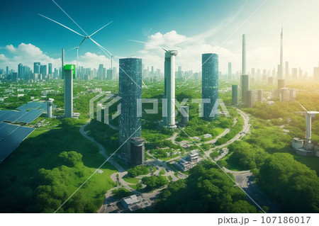 Green city with wind turbines and solar panels Green city with wind turbines and solar panels 107186017